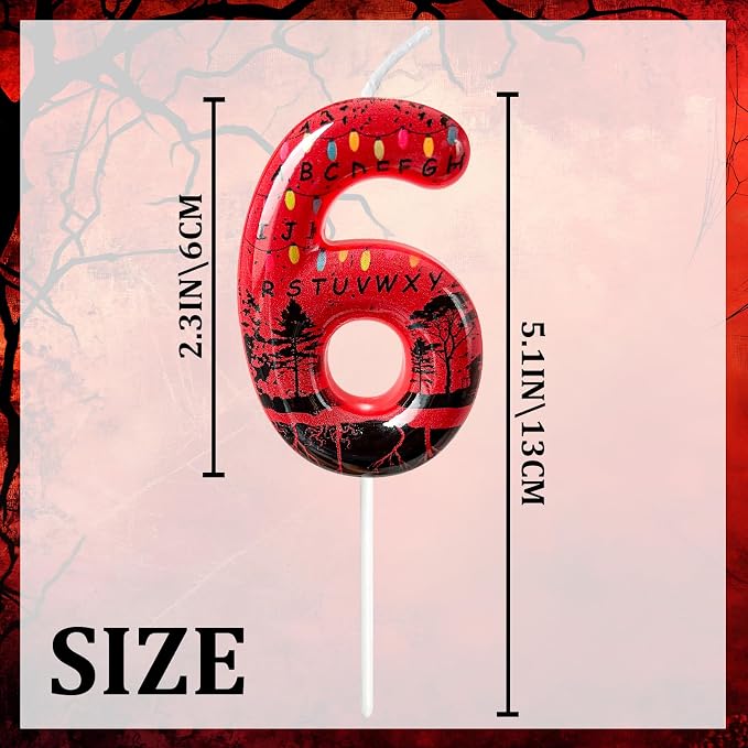 Red Number 6 Birthday Candle for Cake – Dark Horror Style with Alphabet Print & Shadow Design – Unique Cake Topper for Birthday, Anniversary, Themed Party Decoration