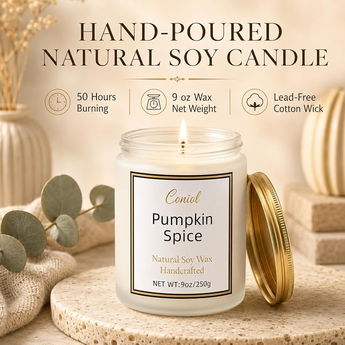 Pumpkin Spice Scented Candles for Home, Natural Soy Wax Candle with Essential Oils, 9oz Amber Jar Aromatherapy Candel, 50H Long & Non-Toxic Burning, Hand Poured, Giftable, Relaxation, Birthday