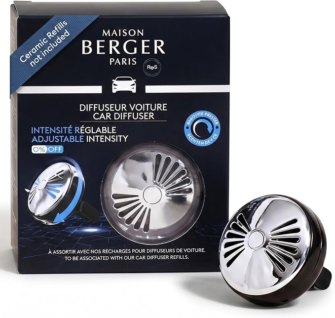 MAISON BERGER Car Diffuser, On/Off Flash Gun Metal, No Refill Included | Patented On/Off Intensity Control, Refillable Vent Clip, Holder Only, Ceramic Refill Sold Separately, Made in France
