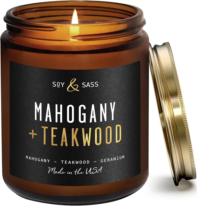 Mahogany Teakwood Candles I Scented Black Candles for Men or Women - Rich Mahogany, Teakwood & Geranium Soy Wax Mens Candle - Infused w/Essential Oils I 50Hr Burn, 9oz I Non Toxic I Made in USA