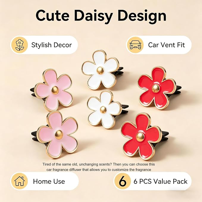 6 Pcs Daisy Flower Car Air Freshener Vent Clip, 2 White 2 Pink 2 Red Refillable Car Diffuser, Daisy Car Accessories Car Decorations Interior for Car Bathroom Office Pet Houses
