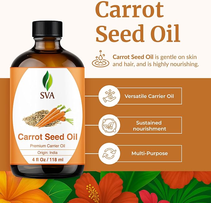 SVA Carrot Seed Oil - 4 Fl Oz - for Face, Skin Care, Hair Care, Scalp Massage & Body Massage – Carrier Oil with Dropper