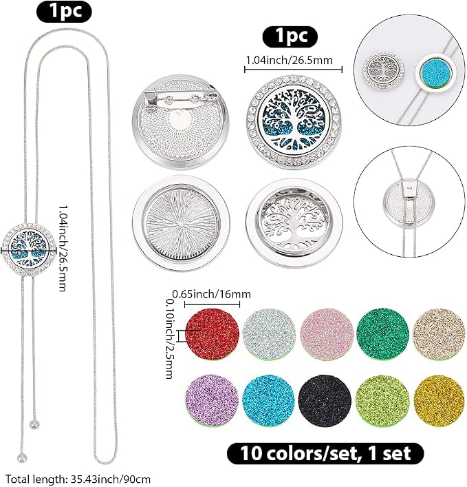 SUNNYCLUE 1Pc Essential Oil Necklace 1Pc Aromatherapy Diffuser Brooch with 10Pcs Refill Pads Set Tree of Life Round Hollow Metal Oil Diffuser Locket Pendants for Women Men Birthday Gifts Yoga Jewelry