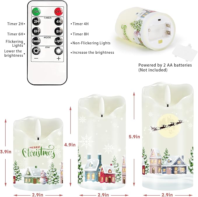 VEEKI Christmas Flameless Candles, Set of 2 Flickering Snow House LED Candles with Remote & Timer, Real Wax Pillar Candles Battery Operated, Electric Candles Light for Home Christmas Decor