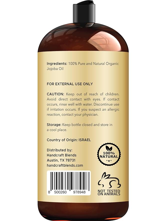 Handcraft Blends USDA Organic Jojoba Oil | Cold-Pressed | 28 Fl Oz | 100% Pure & Natural | for Hair, Skin & Face | Premium Grade Carrier Oil | for Massage & Aromatherapy | Hexane-Free