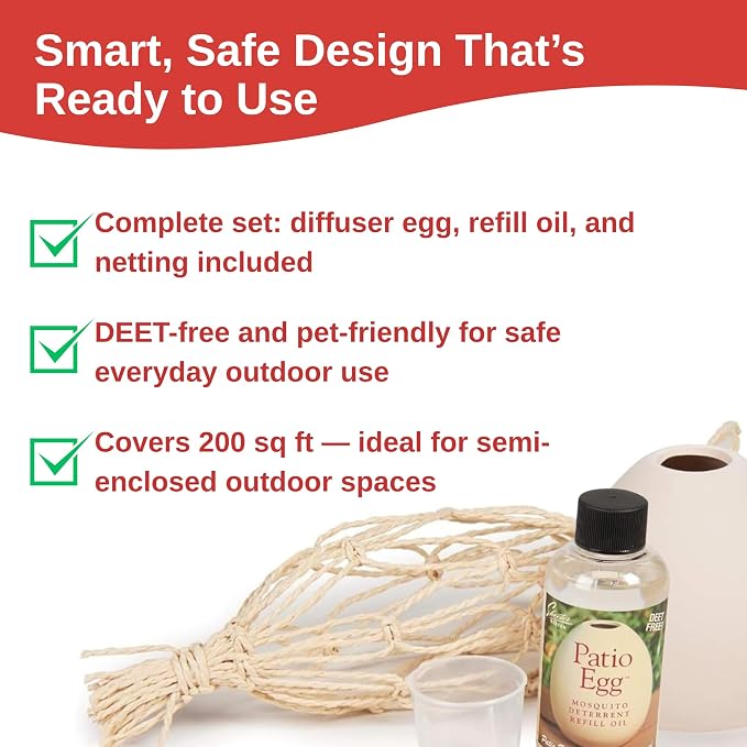 Skeeter Screen Patio Egg Diffuser – Decorative Essential Oil Set with 3-Month Supply – No Flame or Power – Includes Beaker & Netting – Patios, Garages, Stables – Covers Up to 300 Sq Ft