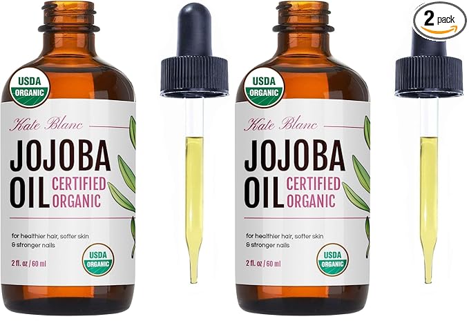 Kate Blanc Cosmetics Organic Jojoba Oil for Hair, Skin & Face (2oz, 100% Pure, Cold Pressed, Natural). Gua Sha Oil for Face & Dermaplaning (Pack of 2)