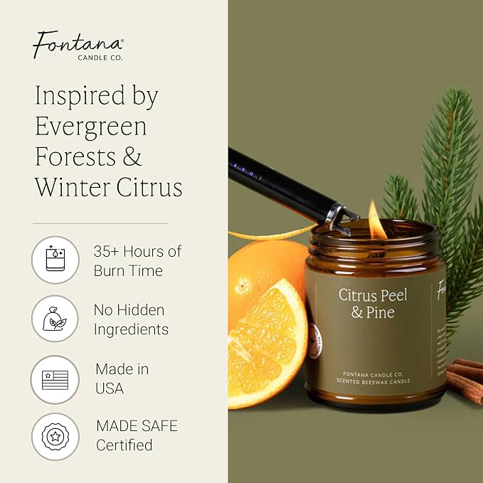 Fontana Candle Co Wood Wick Beeswax Jar Candle, Citrus Peel & Pine – Made Safe with Coconut Oil & Pure Essential Oils – 35+ Hrs Clean Burn, Long Lasting and Non-Toxic Candles for Home & Room Decor