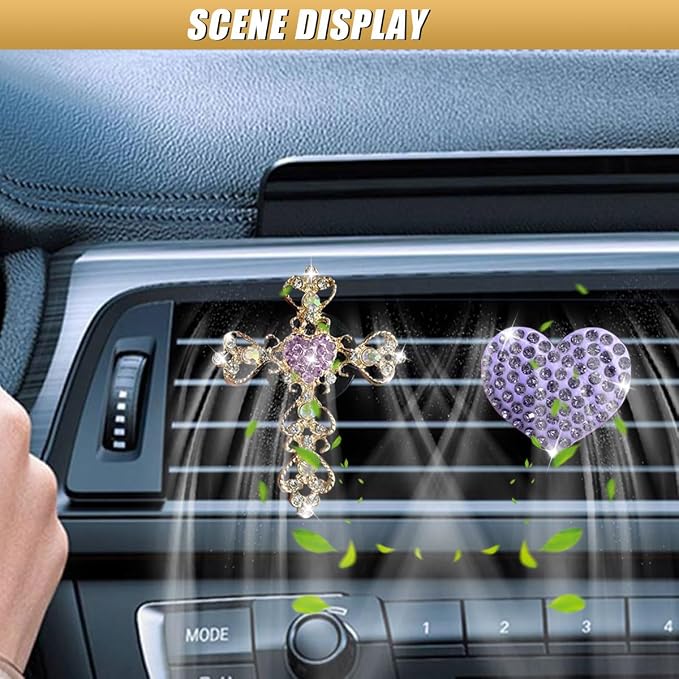 2PCS Bling Cross & Heart Car Dashboard Air Vent Trim Clip, Sparkly Rhinestone Car Air Vent Clips, Diamond Auto Diffuser Charm Clip, Auto Interior Decoration Accessory for Women Girls (Purple)