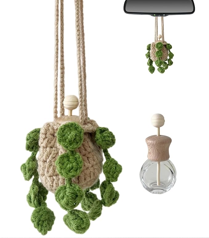 Crochet Car Essential Oil Diffuser, 10ml Refillable Essential Oil Bottle with Hanging Crochet Green Plant Ornament for Car Rear View Mirror, Home Office Air Freshener Decor