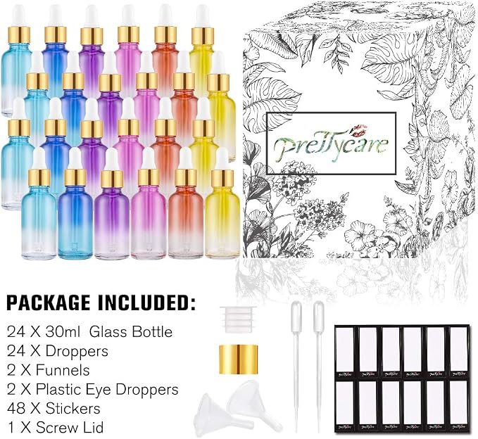 PrettyCare Glass Eye Dropper Bottles 24 Pack, 1oz (30ml) Rainbow Empty Thick Bottles Bulk with Leakproof Goledn Caps - With Labels & Funnels for Storage, Travel, Essential Oils, Cuticle, Tinctures