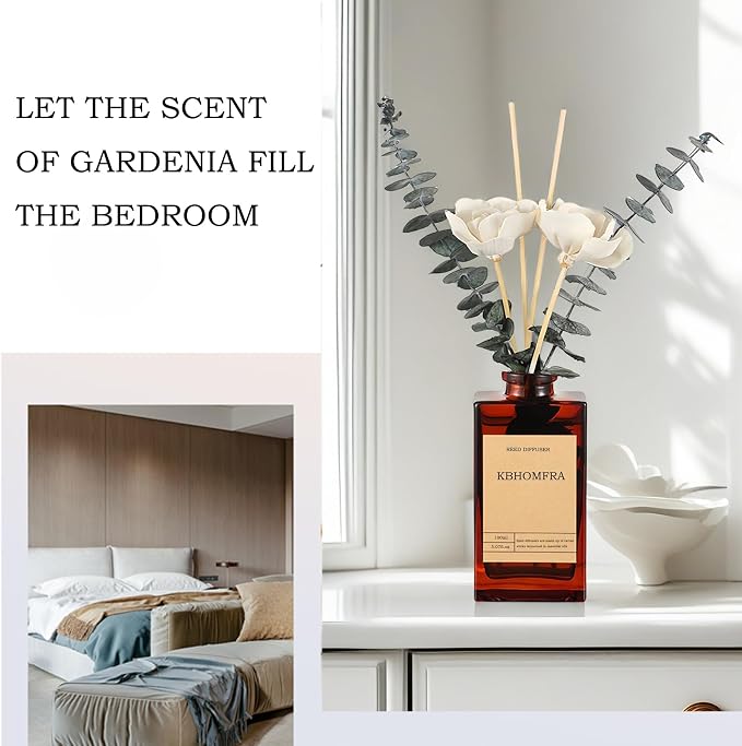 Reed Diffuser Set with Flower, 5.07oz Gardenia Jasmine Tea Diffuser Stick Scent of Fragrance Essential Oil,for Bathroom Diffuser Home Bedroom Office Décor