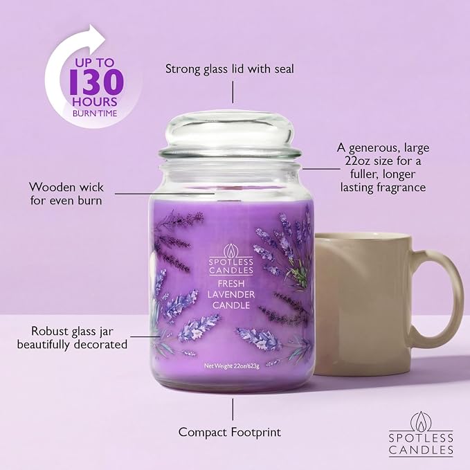 Lavender Candle 22oz: 130 Hours Burn Time, Large Jar Candle with Wooden Wick in a Decorated Jar with a Luxury Gift Box and Protective Shipper by Spotles Candles