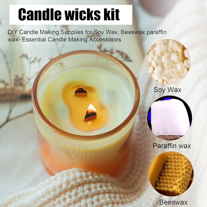 Nogeqi 150pcs Wooden Candle Wick for Candlemaking, Thicked Wooden Wicks Crackling Wood Wick Includes Metal Fasteners, Adhesive Dot for SoyWax, DIY Candle, Paraffin, Beeswax (50 Sets)