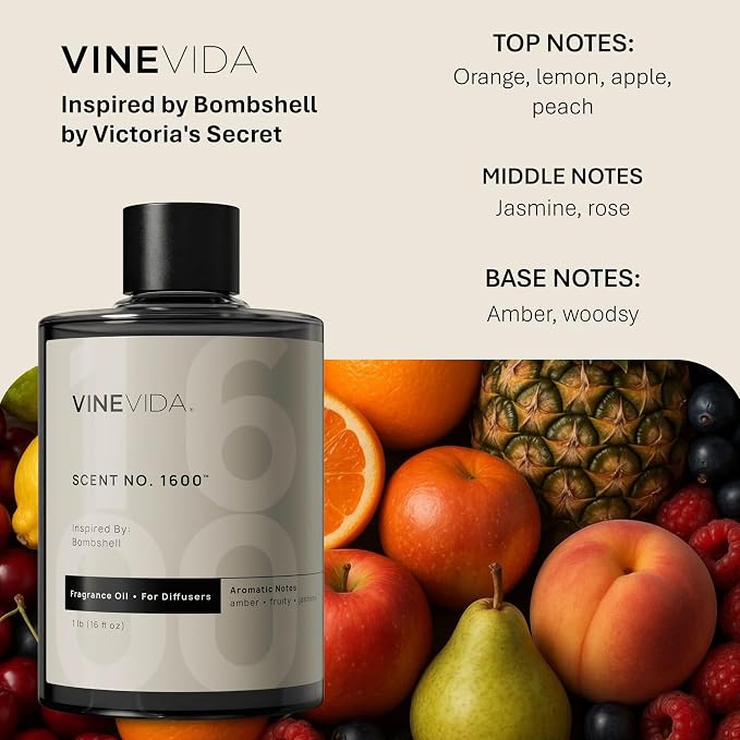 VINEVIDA [16 Fl Oz] Scent NO. 1600 Fragrance Oil for Cold Air Diffusers, Aromatic Notes of Amber Fruity Jasmine, Essential Oils for Diffuser Oil Refill & Air Freshener Room Spray