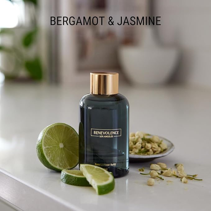 Benevolence LA Bergamot & Jasmine Reed Diffuser Oil Refill – 4 oz Long-Lasting Essential Oil Refill for Home Fragrance Diffusers – Compatible with Benevolence LA Black Reed Diffusers