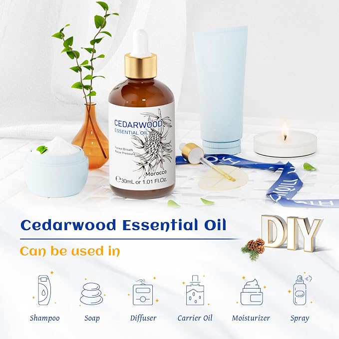 HIQILI 1 Fl Oz Cedarwood Essential Oil, Cedarwood Oil for Hair, Diffuser, Aromatherapy - 30ML