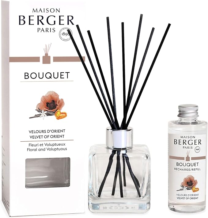 MAISON BERGER Reed Diffuser Bouquet, 100 ml, Velvet of Orient | Clear Glass Bottle, 8 Reed Sticks, 100 ml Refill, Up to 6-Week Passive Diffusion, No Flame, Made in France