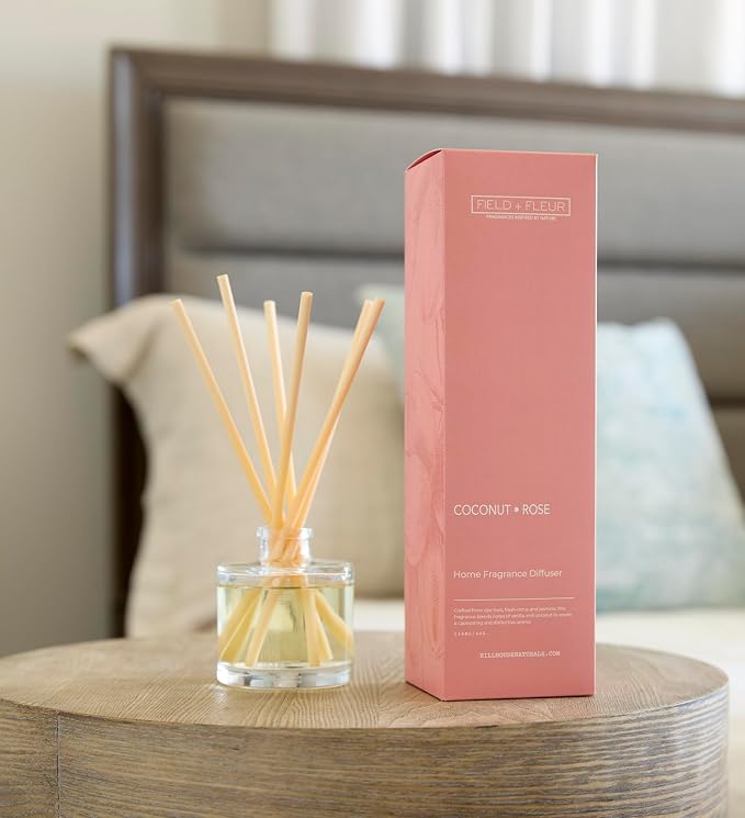 Field + Fleur - Reed Diffuser Set - Home Fragrance Diffuser - Refresh Home, Bedrooms, Bathrooms & More - Notes of Florals, Citrus, Jasmine, Vanilla & Coconut -Made in the USA -Coconut Rose Scent -4 oz