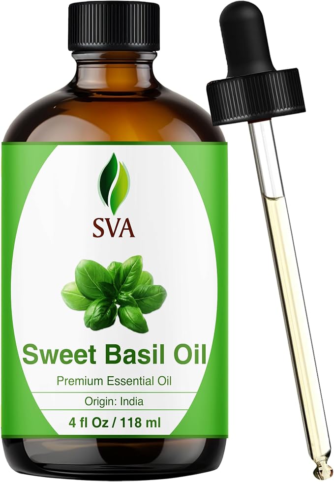 SVA Sweet Basil Essential Oil – 4 Fl Oz – 100% Natural Basil Oil - for Diffuser, Hair Care, Face, Skin Care, Aromatherapy, Scalp and Body Massage, Soap and Candle Making – with Dropper