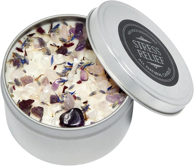 Stress Relief Candle by New Moon Beginnings - Lavender Scented Candle - Dried Flower & Crystal Candles - All Natural Essential Oil Soy Candle (8 Ounce Round Tin)