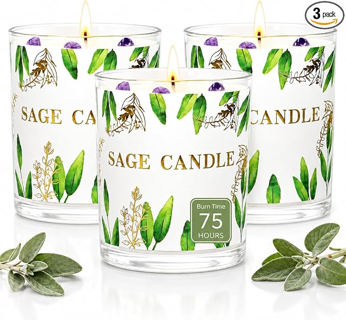 Candles, 3 Pack Sage Candle for Cleansing House Negative Energy, Scented Candles Gifts Set for Women, Crystal Candle Clearance with Crystal Healing Stones, Alternative to Smudge Sticks, Relax & Mind
