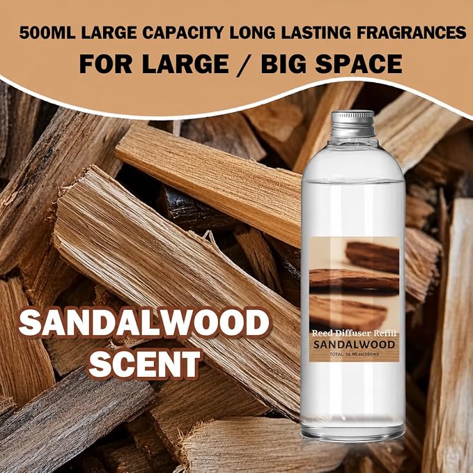 SCENTORINI Reed Diffuser Oil Refill, 16.9oz Sandalwood Scented Essential Oil with 6 Sticks, Long Lasting Summer Home Fragrance for Large Space Bathroom, Spa Room Aromatherapy, Hotel, Office Decor