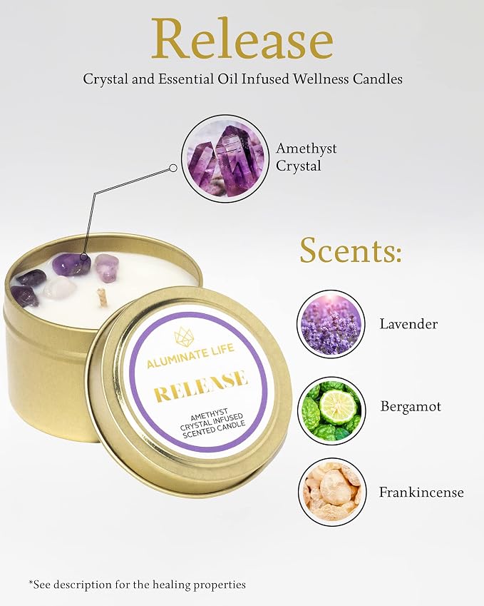 Luxury Candle Tin, 4 OZ, Release, Amethyst Crystal Infused - Scents of Lavender, Bergamot, & Frankincense - Valentine's Day Gift - Coconut Wax, Essential Oils, Dr. Developed