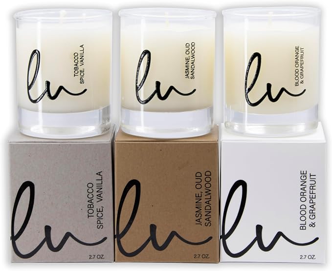 Lulu Candles | Jasmine, Oud & Sandalwood, Tobacco Spice & Vanilla, Blood Orange & Grapefruit | Luxury Scented Soy Jar Candle | Hand Poured in The USA | Highly Scented (Gift Set 3 PC - 2.7 Oz Votives)