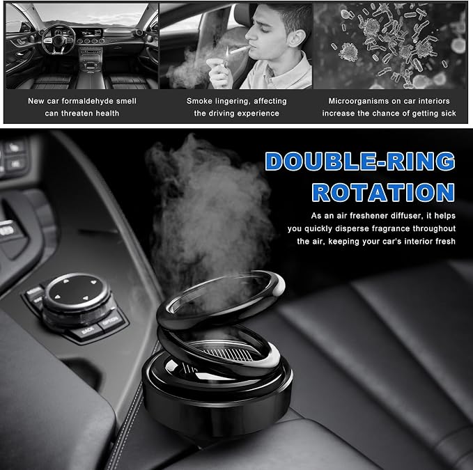Solar Rotating Car Air Freshener, Solar Energy Refillable Car Dashboard Aromatherapy Ornament, Double Ring Fragrance Diffuser Decorative Accessories for Vehicle Home Office (Black)