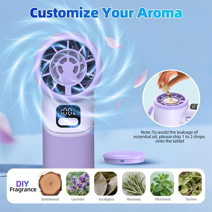 Portable Handheld Turbo Fan, 4000mAh Rechargeable Mini Personal Fan, 5 Speeds, USB-C 90° Adjustable Desk Fan with Aroma Diffuser, Up to 12H Cooling, Gifts for Women (Soft Lavender)