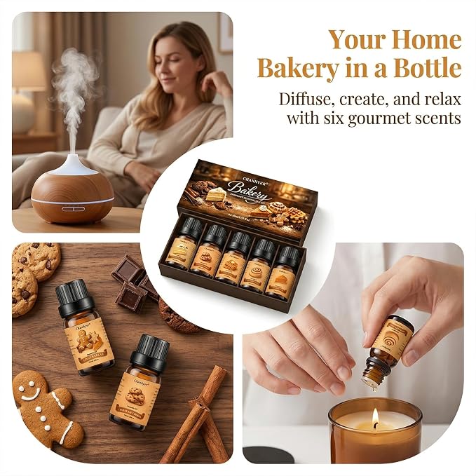 Bakery Essential Oils Set for Diffusers 6x10ml-Chocolate Cookies,Vanilla Cake,Cinnamon Rolls,Pumpkin Pie,Gingerbread,Waffles,Fragrance Oils for Candle&Soap Making
