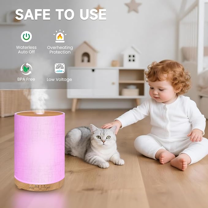 URPOWER 100ML Essential Oil Diffusers for Home with Linen Cover 7 Color Changing Lights, Timer & Auto-Off Scent Diffuser Oil Machine Aromatherapy Air Diffusers for Bedroom Office, Gray