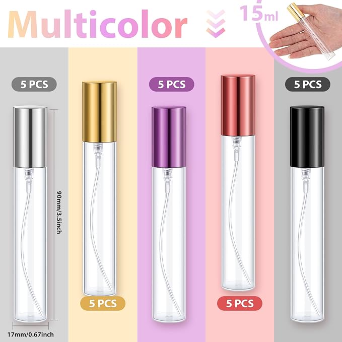 Yinder 25 Pcs 15ml Travel Spray Bottle Refillable Perfume Atomizer Bulk Glass Mini Cologne Perfume Bottles Empty Fine Mist Portable Small Sample Containers(Black, Red, Purple, Gold, Silver)