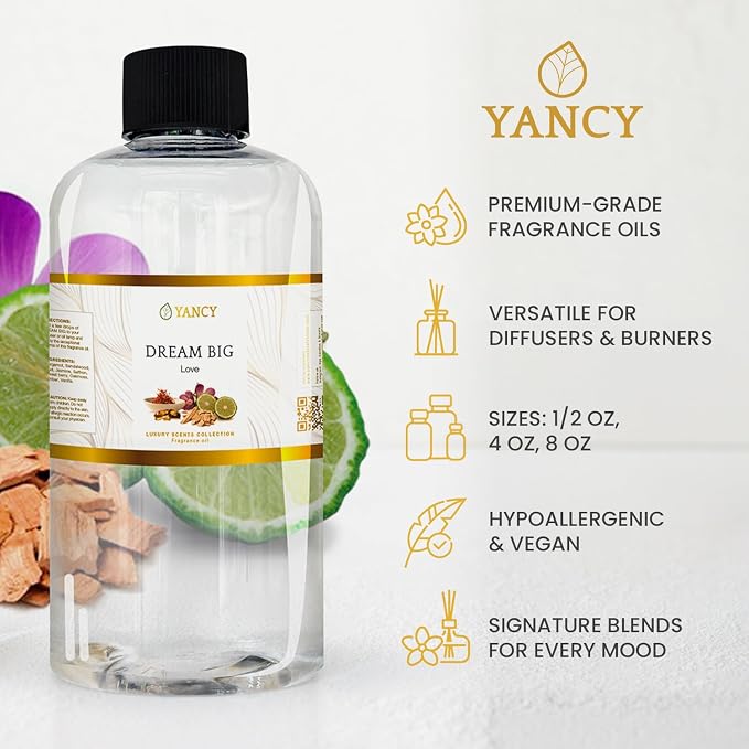 YANCY Dream Big Luxury Collection Fragrance Oil (4 oz), Sweet Fruity Scent, Inspiring Aroma for Diffusers, Oil Burners & Aroma Lamps, Boosts Motivation and Enhances Workspace Energy