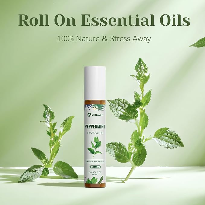 Peppermint Essential Oil Roll On, Natural Aromatherapy Oil Blend Roller with Fresh Minty Aroma - Headache, Stress Relief, Self Care Gifts for Women
