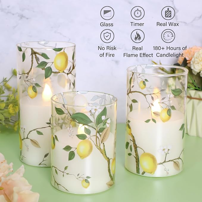 Flameless LED Candles with Remote Lemon Decal Glass Flickering Battery Operated Candles for Home Room Party Wedding Holiday Christmas Valentine's Day Decor - Set of 3
