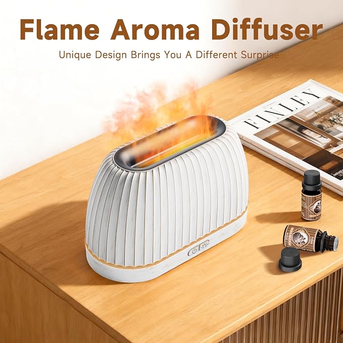 SOULORIGIN Essential Oil Diffuser, Flame Effect Aromatherapy Diffuser with 7-Color LED Lights & Auto Shut-Off, Ultrasonic Diffusers for Home, 120ml Samll Scent Diffuser for Essential Oils - White
