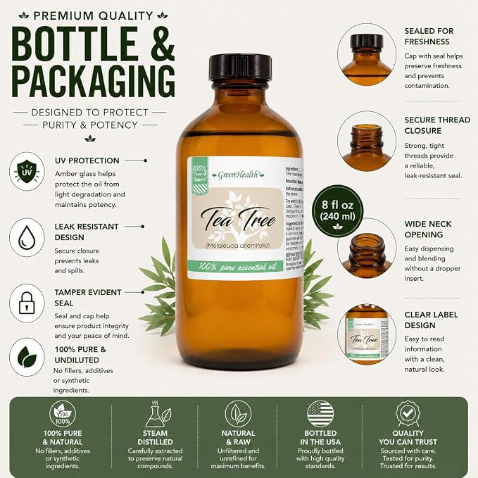 GreenHealth Tea Tree Essential Oil - 8 fl oz (237 ml) Glass Bottle with Cap - 100% Pure Essential Oil