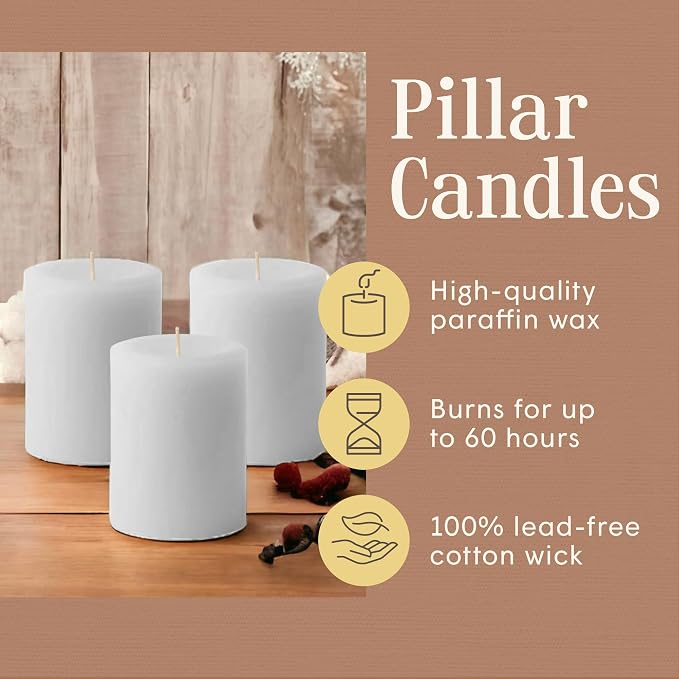 Mister Candle Dripless Unscented White Pillar Candles, Set of 3 Hand Poured Solid Color Non-Scented Candles for Home Decor, Premium Wax, 60 Hr Burn Time - 3x4 Inch, White