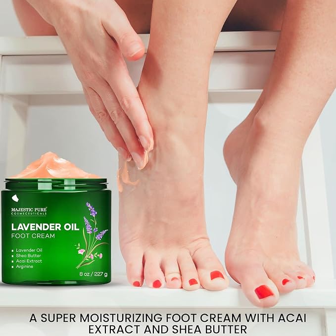 Majestic Pure Lavender Oil Foot Cream, Warming Cream - Calluses, Dry Cracked Feet, Hands, Heels, Elbow, Nails, and Knees - Softens & Moisturizes Skin - 8 oz