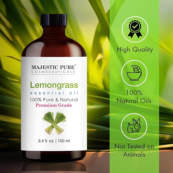 Majestic Pure Essential Oil with Glass Dropper - 100% Pure and Natural - Essential Oils for Diffuser, Aromatherapy, Soap and Candle Making, Lemongrass Essential Oil, Lemongrass Oil, 3.4 Fl Oz