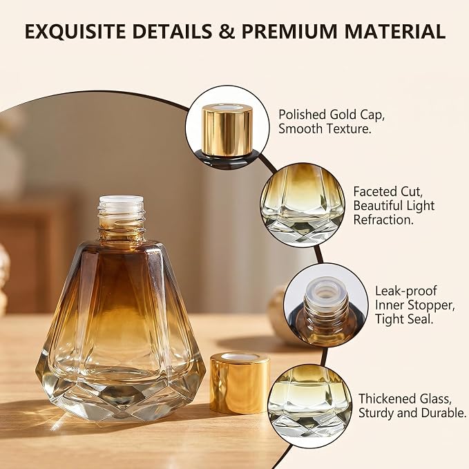 2 Pack 2oz Amber Reed Diffuser Bottles, Empty Refillable Diamond Style Glass Aromatherapy Bottles with Gold Caps & Inner Stoppers for Bathroom, Home & Office Fragrance DIY