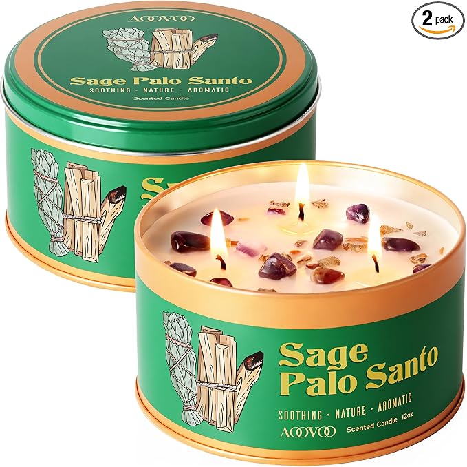 AOOVOO 2 Pack Sage & Palo Santo Candles for Cleansing - 3 Wick 12oz Large Scented Candle with Amethyst Crystals, Sage & Palo Santo Inside, Non-Toxic Soy Candles for Meditation Spiritual Healing Gift