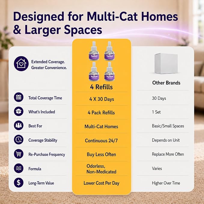 TopSum Cat Calming Pheromone Diffuser: Feline Pheromones Plug in for Stress, Alone At Home, Spraying, Fighting, Scratching, Aggression & Excessive Meowing (Purple– 4 Refills)
