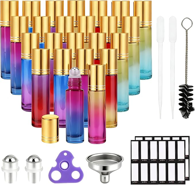 PrettyCare Set of 24, 10 ml Essential Oil Roller Bottles with Stainless Steel Roller Ball - Refillable Leak-proof Empty Thick Rainbow Glass Roll on Bottles with Metal Caps for Travel, Perfume