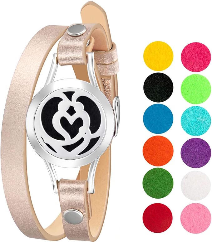 Wild Essentials Couple’s Heart Essential Oil Bracelet Diffuser, Leather Wrap Band, Stainless Steel Locket Pendant, 12 Refill Pads, Customizable Color Changing Perfume Jewelry Aromatherapy