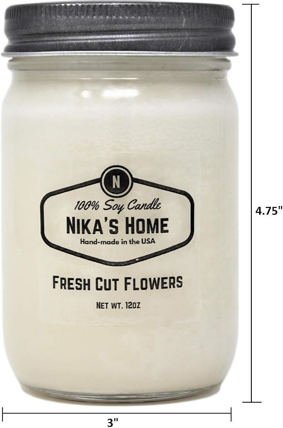 Nika's Home Fresh Cut Flowers Soy Candle - 12oz Mason Jar - Non-Toxic - Hand Poured in The USA, Long Burning 50-60 Hours Highly Scented All Natural, Clean Burning