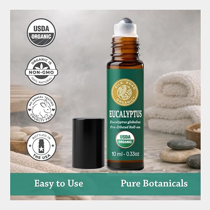 Silk Road Organic Eucalyptus Essential Oil Roll On, USDA Certified - Respiratory Health, Colds, Cough, Sinus & Allergy Congestion - 10 ml Aromatherapy Roller - Always Pure, Always Organic