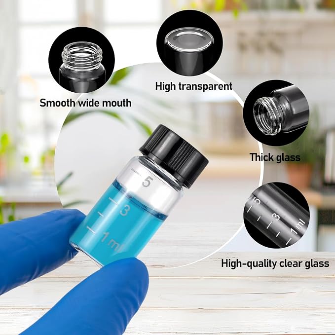 Kesell 10pcs Borosilicate Glass Sample Vial with Black Screw Cap, 5ml Clear Bottles with Scale